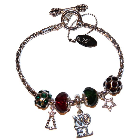 DaVinci Charm Bracelet 8.25" w/ 7 Beads - Christmas Tree NOEL Holiday Red Green - Picture 2 of 4